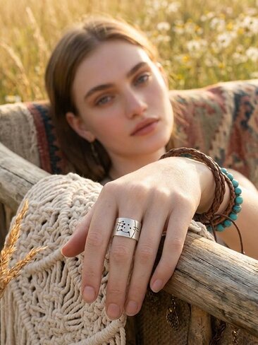 Silver-Plated Brass Cat Tree Face Ring, Rustic Boho Adjustable Statement Jewelry