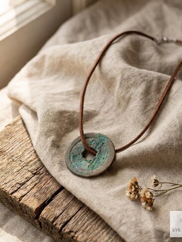 Antique Chinese Coin Choker, Brown Suede Boho Pendant Necklace
