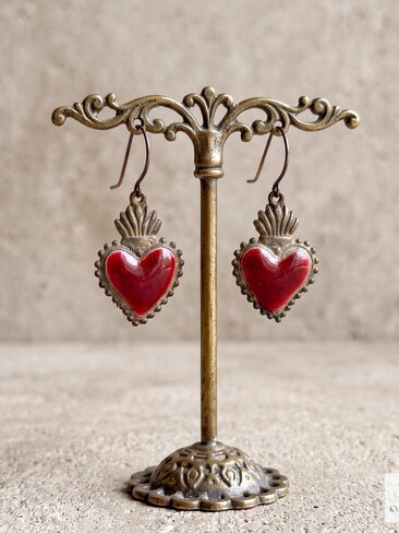 Gothic Ruby Red Sacred Heart Brass Double Sided Boho Earrings, Gift for Her