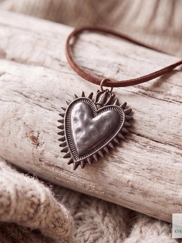 Mexican Milagro Sacred Heart Necklace, Antique Bronze Corazon Pendant on Brown Suede Cord