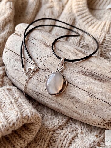 Gray Chalcedony Agate Pendant, Leather Cord Choker, Women's Gemstone Necklace
