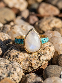 14 Karat Gold Plated Rainbow Moonstone and Crushed Turquoise Ring