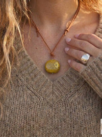 Adjustable 30" Tan Leather and Ceramic Bead Necklace - Boho Chic Statement Pendant