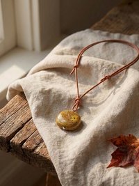 Adjustable 30" Tan Leather and Ceramic Bead Necklace - Boho Chic Statement Pendant