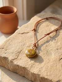 Adjustable 30" Tan Leather and Ceramic Bead Necklace - Boho Chic Statement Pendant