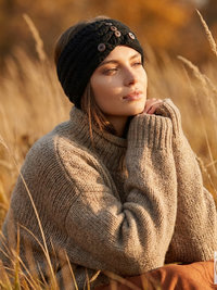Hand-Knit Black Wool Headband with Buttons - Cozy Ear Warmer for Women