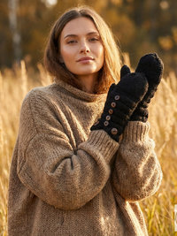 Hand-Knit Black Wool Mittens with Wooden Buttons - Convertible Fingerless Gloves