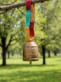 Boho Copper Bell Colorful Sari Silk Ribbon Artisan Wall Hanging