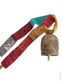 Boho Copper Bell Colorful Sari Silk Ribbon Artisan Wall Hanging