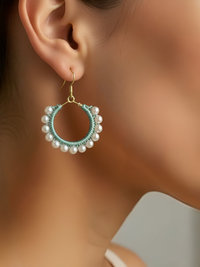 Elegant Freshwater Pearl Earrings with Hand-Woven Green Silk Hoops
