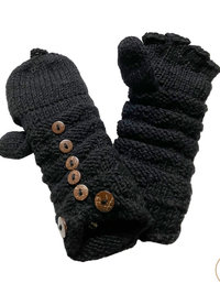 Hand-Knit Black Wool Mittens with Wooden Buttons - Convertible Fingerless Gloves