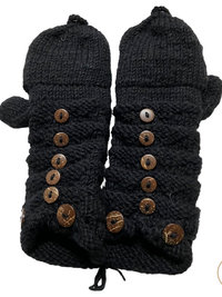 Hand-Knit Black Wool Mittens with Wooden Buttons - Convertible Fingerless Gloves