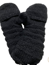 Hand-Knit Black Wool Mittens with Wooden Buttons - Convertible Fingerless Gloves