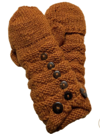 Hand-Knit Orange Wool Mittens with Wooden Buttons - Convertible Fingerless Gloves