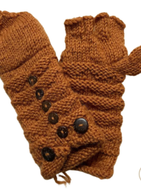 Hand-Knit Orange Wool Mittens with Wooden Buttons - Convertible Fingerless Gloves