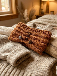 Hand-Knit Orange Wool Headband with Buttons - Cozy Ear Warmer for Women