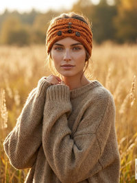 Hand-Knit Orange Wool Headband with Buttons - Cozy Ear Warmer for Women