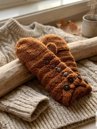 Hand-Knit Orange Wool Mittens with Wooden Buttons - Convertible Fingerless Gloves