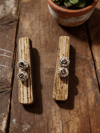 White Beige and Gray Wooden Bar and Smokey Gray Swarovski Rhinestone Earrings 