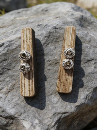 White Beige and Gray Wooden Bar and Smokey Gray Swarovski Rhinestone Earrings 