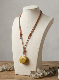 Adjustable 30" Tan Leather and Ceramic Bead Necklace - Boho Chic Statement Pendant