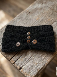 Hand-Knit Black Wool Headband with Buttons - Cozy Ear Warmer for Women