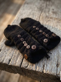 Hand-Knit Black Wool Mittens with Wooden Buttons - Convertible Fingerless Gloves