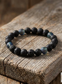 Men's Black Lava and Glass Bead Stretch Bracelet