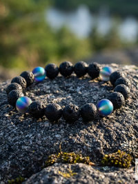 Men's Black Lava and Glass Bead Stretch Bracelet