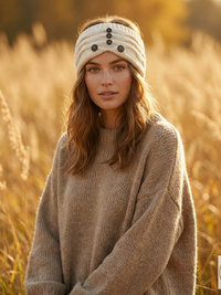 Hand-Knit Off White Wool Headband with Buttons - Cozy Ear Warmer for Women