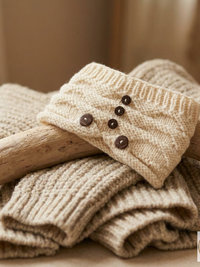 Hand-Knit Off White Wool Headband with Buttons - Cozy Ear Warmer for Women