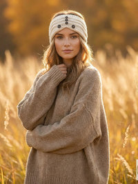 Hand-Knit Off White Wool Headband with Buttons - Cozy Ear Warmer for Women