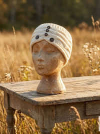 Hand-Knit Off White Wool Headband with Buttons - Cozy Ear Warmer for Women
