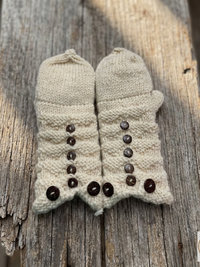Hand-Knit Off White Wool Mittens with Wooden Buttons - Convertible Fingerless Gloves