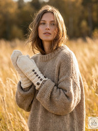 Hand-Knit Off White Wool Mittens with Wooden Buttons - Convertible Fingerless Gloves