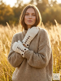 Hand-Knit Off White Wool Mittens with Wooden Buttons - Convertible Fingerless Gloves