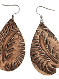 Hand Tooled Brown Leather Teardrop Earrings, Floral Embossed Genuine Leather Western Dangles