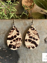 Brown Floral Leather Teardrop Earrings - Hand Tooled Cream Leaf Dangles