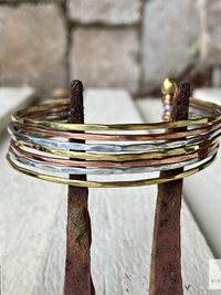 Thin Hammered Mixed Metal Cuff Bracelet - Handcrafted Stacking Bangle