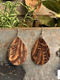 Hand Tooled Brown Leather Teardrop Earrings, Floral Embossed Genuine Leather Western Dangles