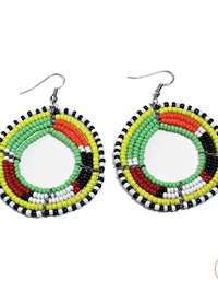 Colorful beaded earrings featuring circular designs in black, yellow, orange, green, and white. Each earring has multiple rows of beads arranged in layered patterns, hanging from metal hooks.