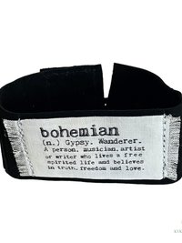Black Suede Boho Cuff Bracelet - Cotton Fabric, Vintage Crochet, Button Closure