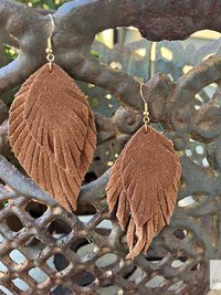 Handcrafted Brown Suede Feather Earrings, Layered Fringe Drops, Gold Plated Boho Statement Dangles