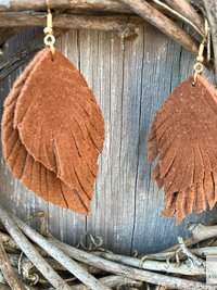 Handcrafted Brown Suede Feather Earrings, Layered Fringe Drops, Gold Plated Boho Statement Dangles