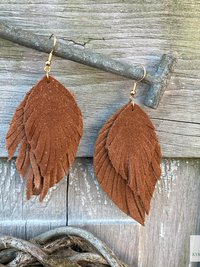 Handcrafted Brown Suede Feather Earrings, Layered Fringe Drops, Gold Plated Boho Statement Dangles