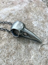 Gothic Silver Crow Skull Necklace, Antique Raven Head Pendant