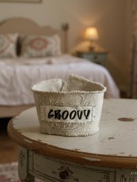 GROOVY Beige Fabric Cuff Bracelet - Vintage Button Textile Wristband