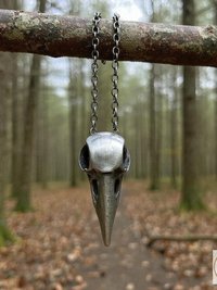 Gothic Silver Crow Skull Necklace, Antique Raven Head Pendant