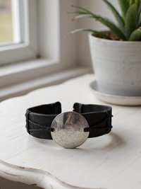 Handcrafted Coin Bracelet from Guatemala - Adjustable Black Leather Cuff