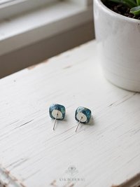 Fused Blue Dichroic Glass Stud Earrings, Square Ocean Post Jewelry, Stainless Steel Minimalist Posts